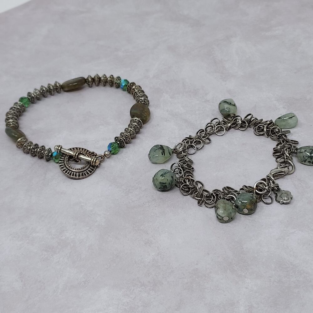 Gemstone Bracelets Set 2 Bead Dangle Gray Green Color Aged Silver Tone 7-7.5"